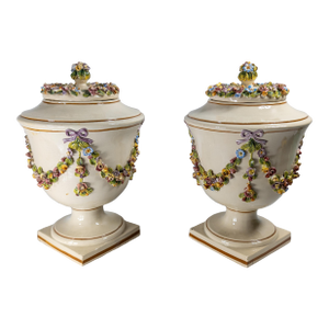 Mid-Century Pair of Italian Capodimonte or Nove Style Floral Covered Urns