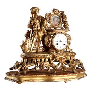 Antique Clock with Gilded Antimony Wooden Base, 1800s For Sale