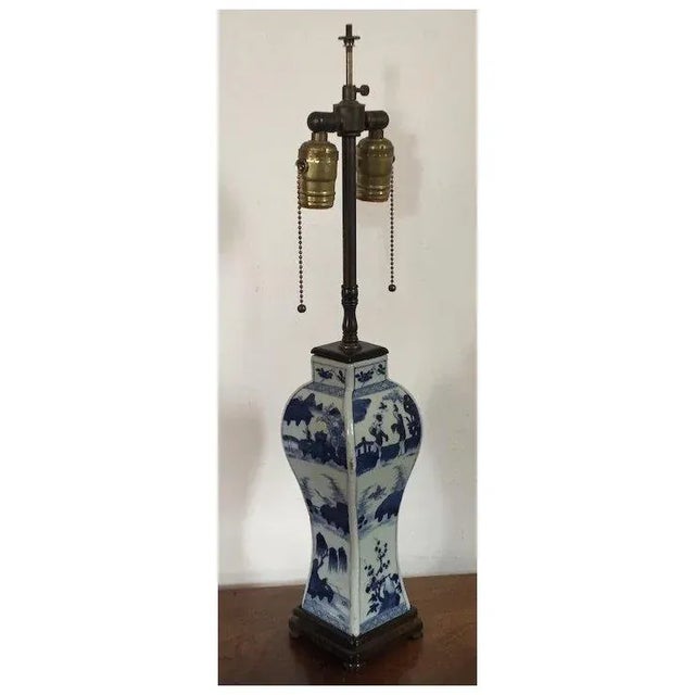 Antique 19th Century Chinese Blue & White Porcelain Vase Decorated With Figures in Landscape Representing the Four Seasons Mounted as a Lamp For Sale - Image 11 of 11