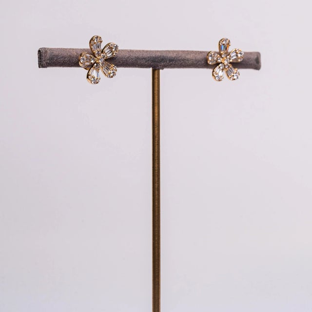 Rocks With Soul Rocks With Soul Yellow Gold Large Flower Baguette Studs - 2 Pieces For Sale - Image 4 of 4