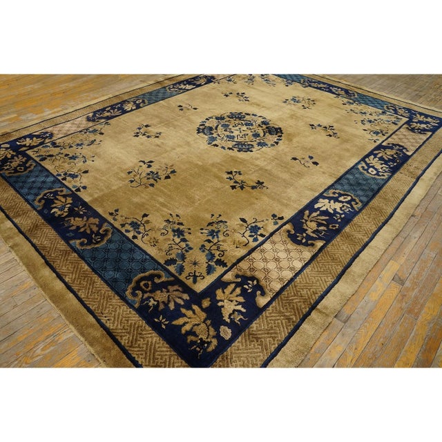 1920s 1920s Tan Beige Medallion Art Deco Antique Chinese Peking Carpet Knotted Rug For Sale - Image 5 of 10