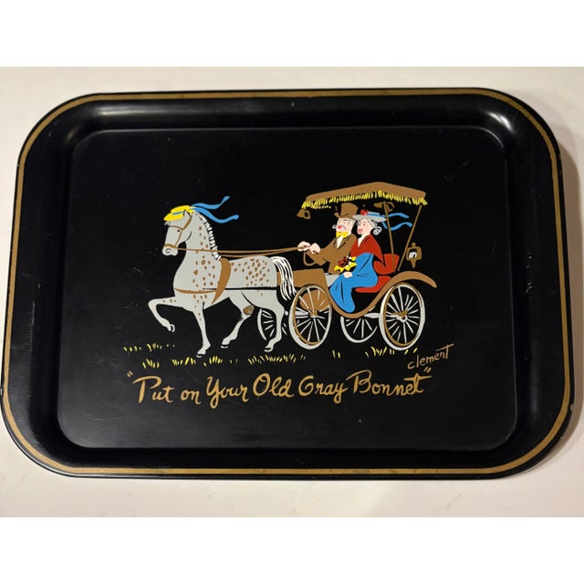 Metal Hand Painted Horse Drawn Carriage Black Metal Tray by Clement For Sale - Image 7 of 7