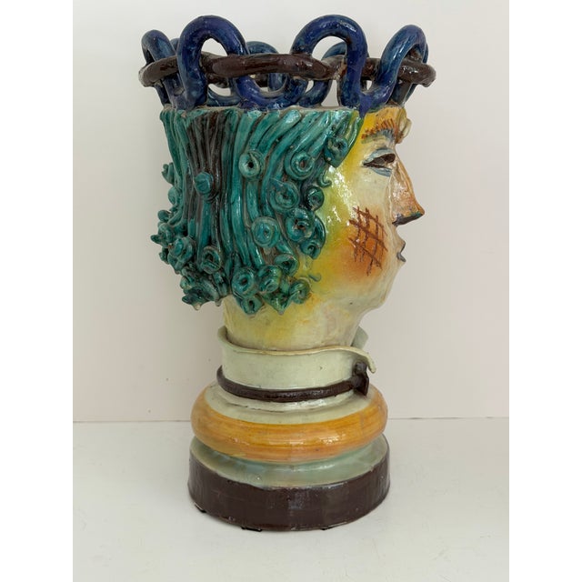 Late 19th Century Rare Pair of Cantagalli Florence Renaissance Revival Majolica Figural Head Vases, Italy, Late 19th Century For Sale - Image 5 of 12