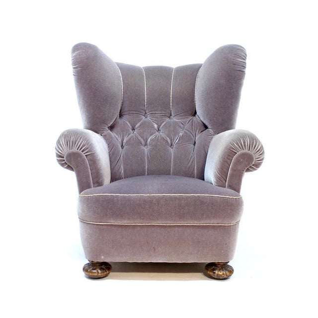 Swedish Modern Lounge Chair in Grey Velvet, 1940s For Sale - Image 16 of 16