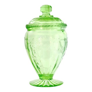 Cameo Green Depression Uranium Glass Candy Jar For Sale