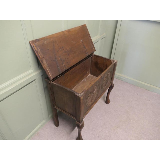 Wood Carved Oak Coffer on Legs For Sale - Image 7 of 8