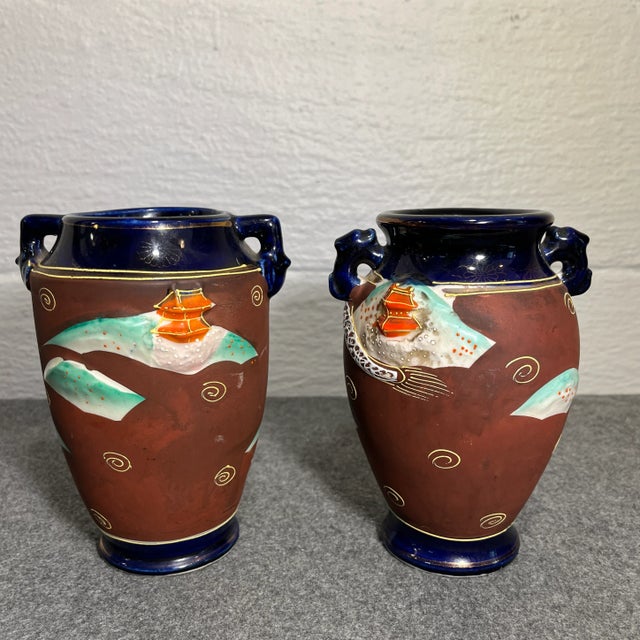 Japanese Vintage Pair of Japanese Satsuma Morriage Decorated Vases For Sale - Image 3 of 8