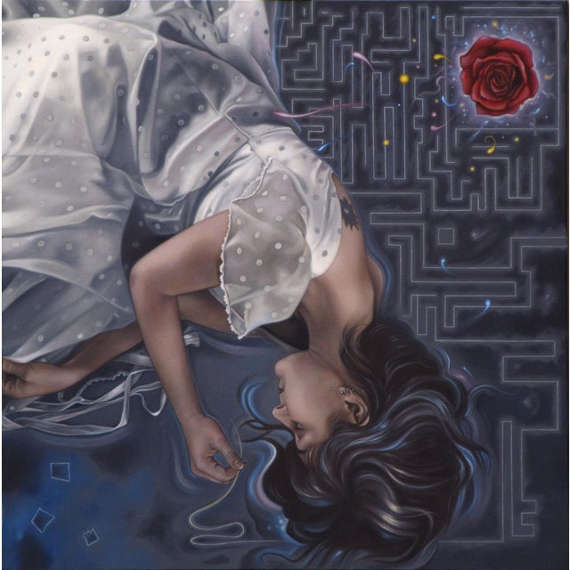 Labyrinth by Sybiline | Oil on canvas Depiction of a woman in a maze with a rose. For Sale
