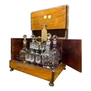 19th Century British Victorian Mahogany Tantalus With Etched Crystal Decanters & Cordial Glasses For Sale