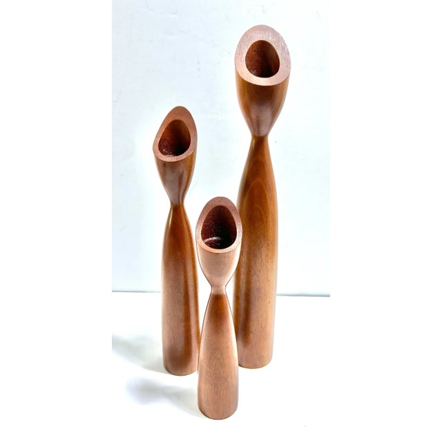 1990s Signed Danish Modern Teak Tulip Candle Holders Sculptural Set of 3 For Sale - Image 4 of 7