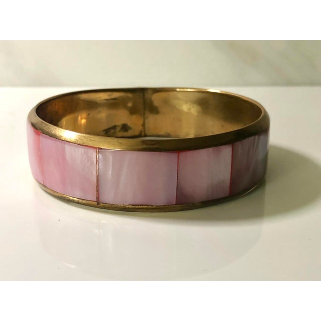 Mexican Vintage Pink Mother of Pearl and Gold Bangle For Sale - Image 3 of 8