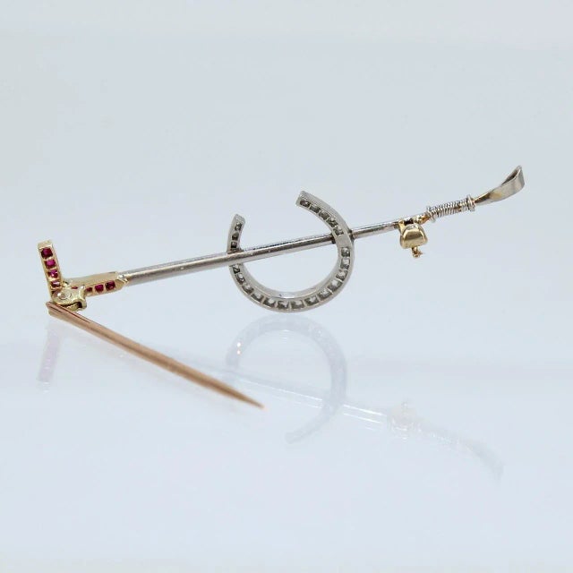 Gold Vintage Art Deco 14 Karat Gold Diamond and Ruby Equestrian Riding Crop and Horseshoe Pin For Sale - Image 8 of 9
