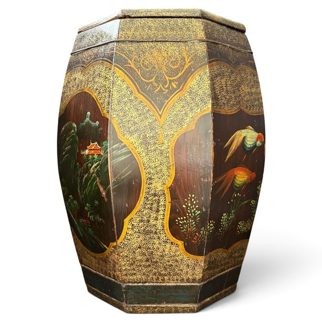 Mid 20th Century Unusual Kitten & Goldfish Octagonal Rice Barrel Hand-Painted Lacquer Wood 17.5" For Sale - Image 15 of 18