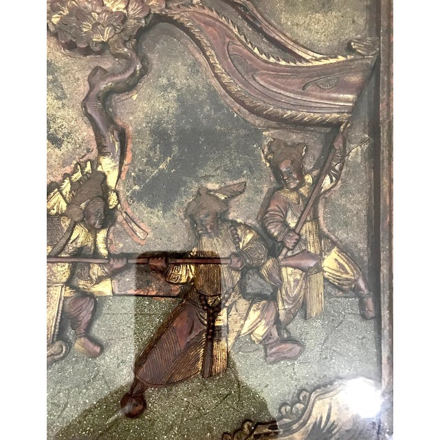 Late 19th Century Antique Chinese Carved Gilt Wood Warriors Wall Panel or Fragment, Framed For Sale - Image 4 of 8