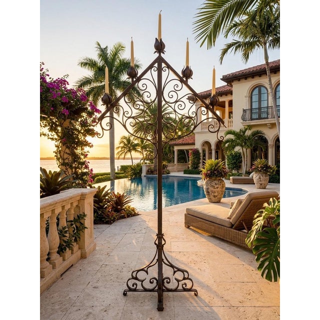 Metal Vintage Italian Hand-Wrought Iron Floor Candelabra - Five-Light Scrollwork Pricket Stand For Sale - Image 7 of 9