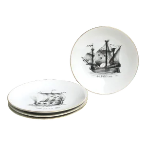 Swedish Nautical Black and White Porcelain Plates, Set of 4