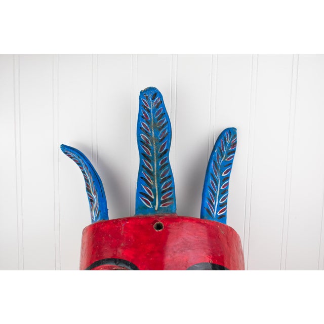 Mexican Large Vintage Hand Carved Red Diablo Costume Mask With Beard & Blue Feathers For Sale - Image 3 of 18