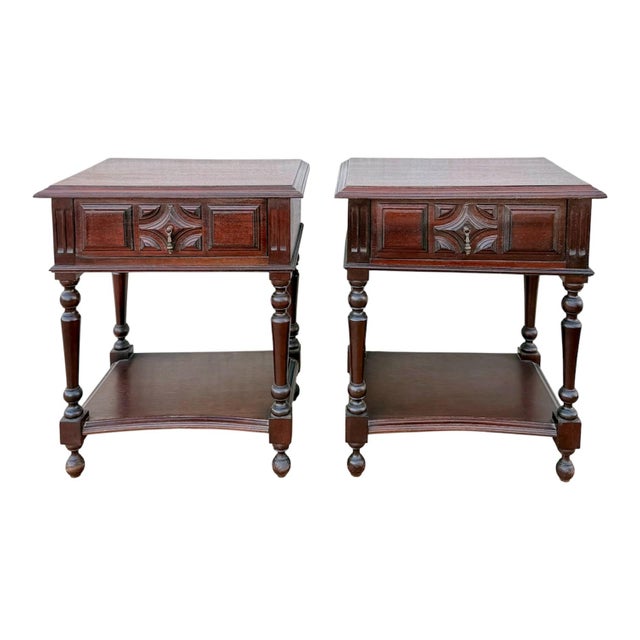 Spanish Carved Wood Bedside Tables with Lower Shelves, 1940s, Set of 2 For Sale - Image 11 of 11
