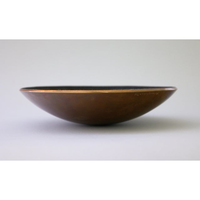 Contemporary Late 20th Century Signed Copper and Black Stingray Shagreen Vide Poche Bowl With Pearl For Sale - Image 3 of 15