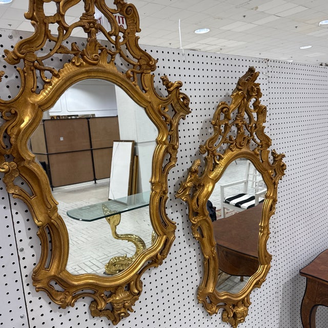 Pair Vintage Italian Mid Century Florentine Gold Gilt Wall Mirrors For Sale - Image 9 of 12