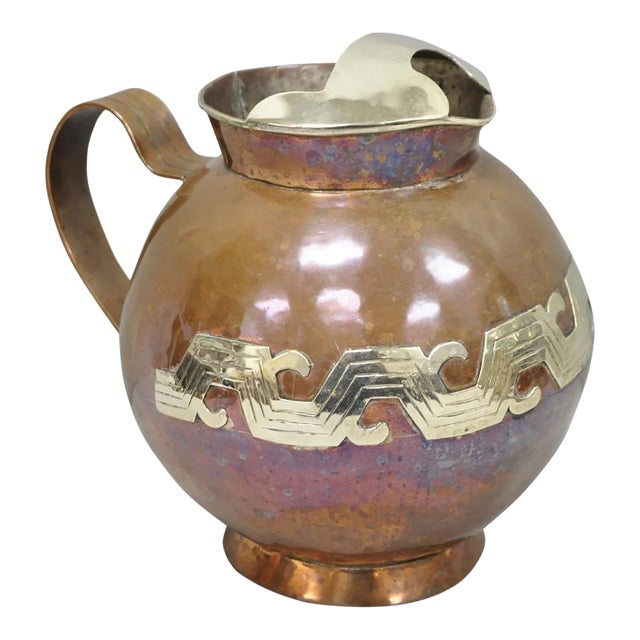 Vintage Artesanias Taxco Mexico Primitive Water Pitcher Silver Mounted Copper For Sale