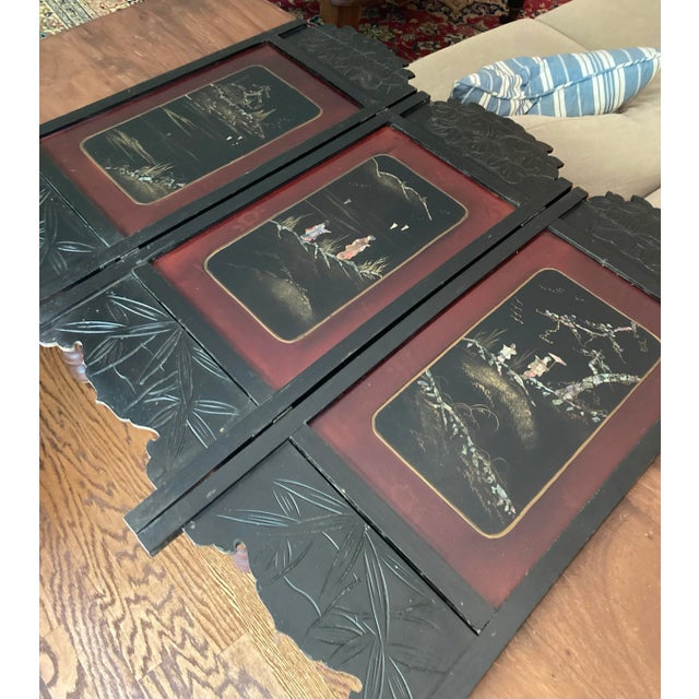 Vintage Tabletop Wooden & Mother-of-Pearl Inlaid Chinoiserie Folding Screen - Asian For Sale - Image 9 of 12