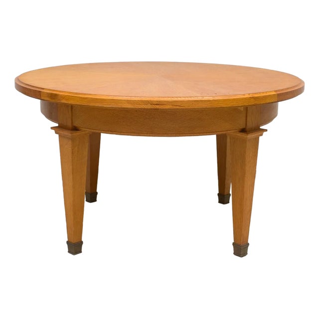 French Circular Coffee Table in Oak on Tapered Legs Ending in Brass Sabots For Sale
