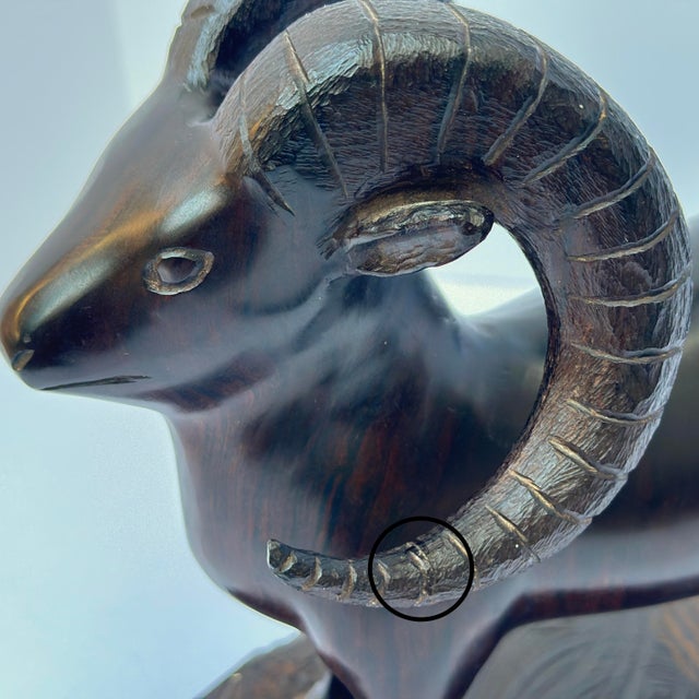 Vintage Hand Carved Solid Rosewood Big Horn Ram Sculpture For Sale - Image 11 of 12