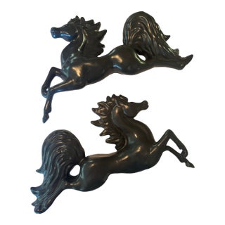 Vintage Midcentury Ceramic Black Pegasus Horses Wall Decor Pair For Sale