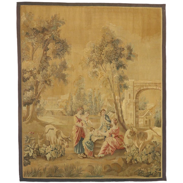 Tan Antique French Aubusson Pastoral Tapestry - 07'06 X 09'00 For Sale - Image 8 of 9