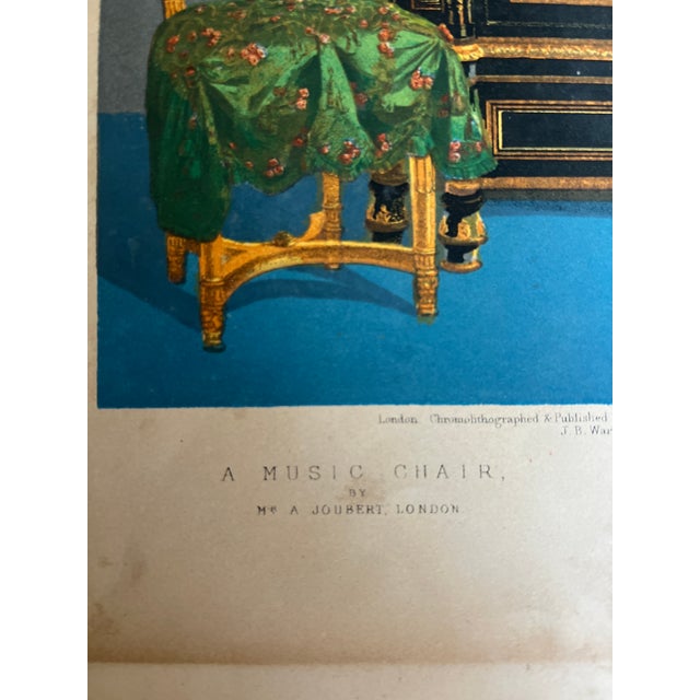 Rare Victorian chromolithograph depicting an elaborate music chair by A. Joubert of London and an ebonized cabinet by A....