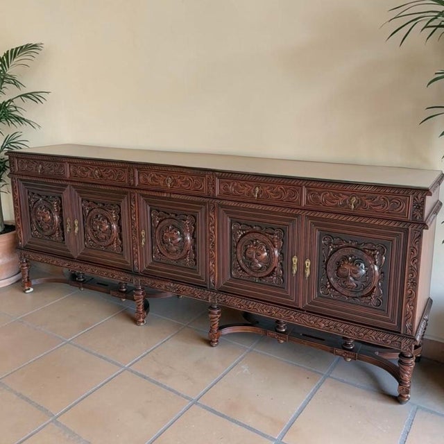 1970s Spanish Revival Hand Carved Rosewood Euro Import Buffet For Sale - Image 4 of 12
