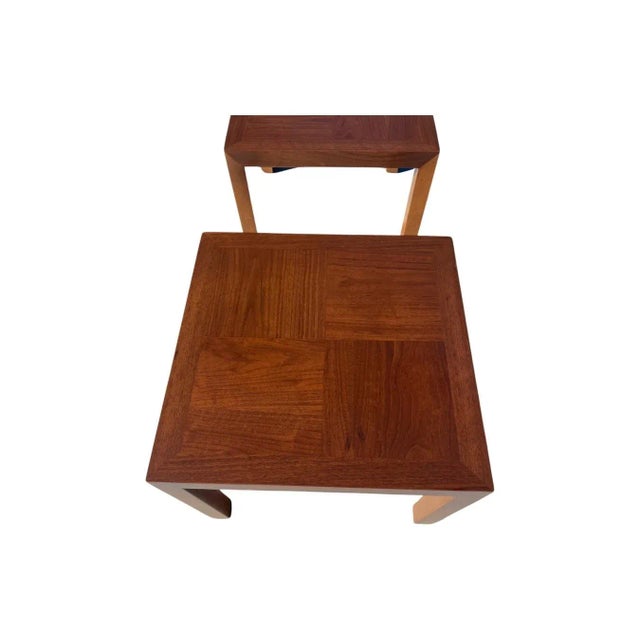 Pair of Vintage Mid Century Modern 1970s Parquetry Parsons End Walnut Side Tables by Lane Restored For Sale In Palm Springs - Image 6 of 9