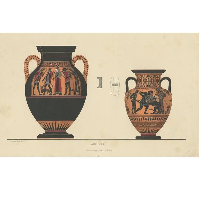 Antique print titled 'Amphoren'. Color-printed large lithograph by Ernst Wasmuth depicting a Greek amphorae. This print...