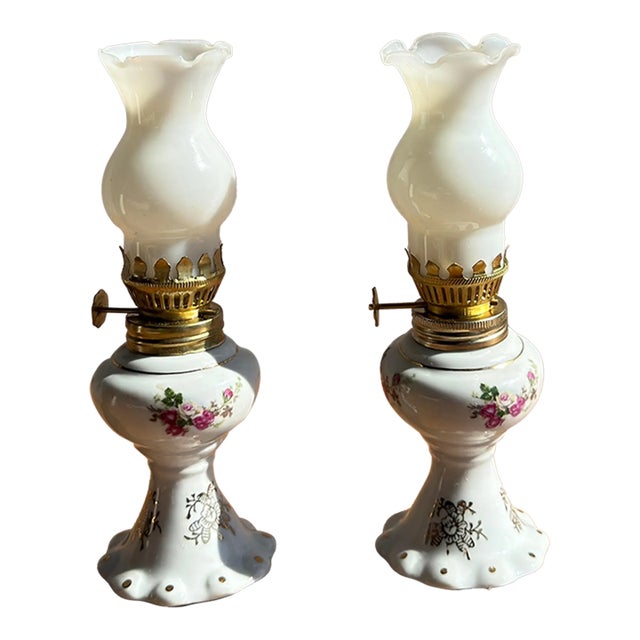 20th Century Victorian-Style Miniature Milk Glass Oil Lamps- A Pair For Sale