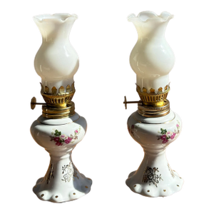 20th Century Victorian-Style Miniature Milk Glass Oil Lamps- A Pair