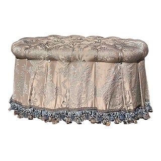 Vintage Scalamandre French Silk Damask Tufted Ottoman For Sale