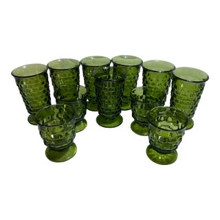 Vintage Indiana Glass Company Avocado Green "Whitehall" “Cubist” Set of 11 For Sale