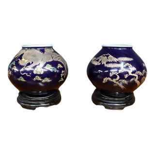 Pair of Japanese Cobalt Blue Porcelain Vases With Copper Overlay For Sale