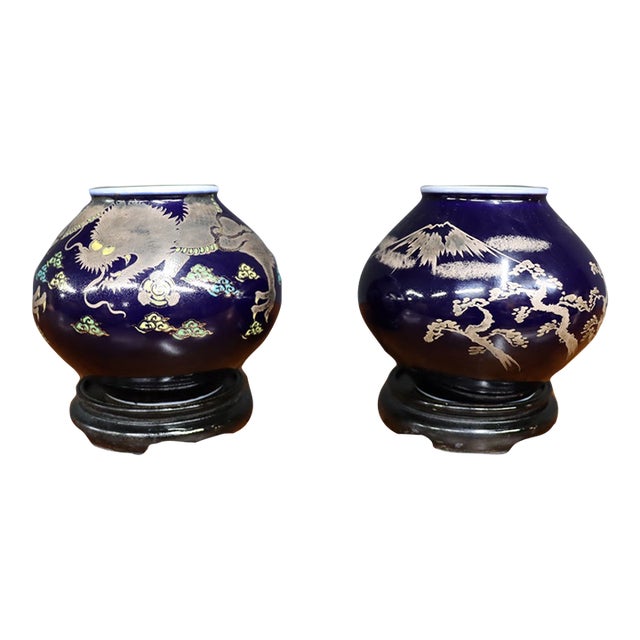 Pair of Japanese Cobalt Blue Porcelain Vases With Copper Overlay For Sale