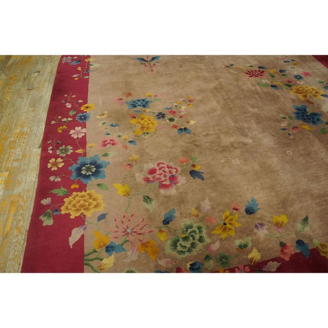 Art Deco 1920s Tan Ecru Floral Shah Abbas Antique Chinese Art Deco Wool Rug 8'8''x 11'6'' For Sale - Image 3 of 10