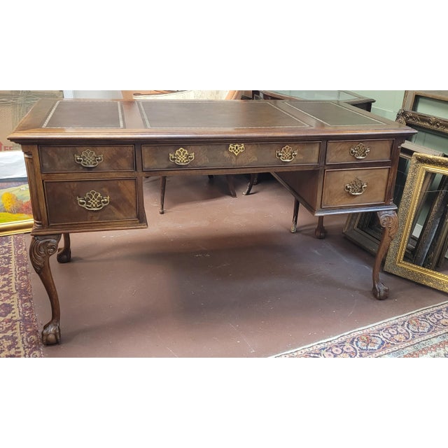 Fine Vintage Chippendale Leather Top Desk For Sale - Image 9 of 16