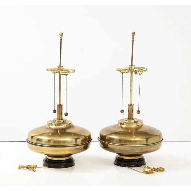 1970s Modern Oversized Brass Table Lamps with Wood Lacquer Base - A Pair For Sale - Image 10 of 12
