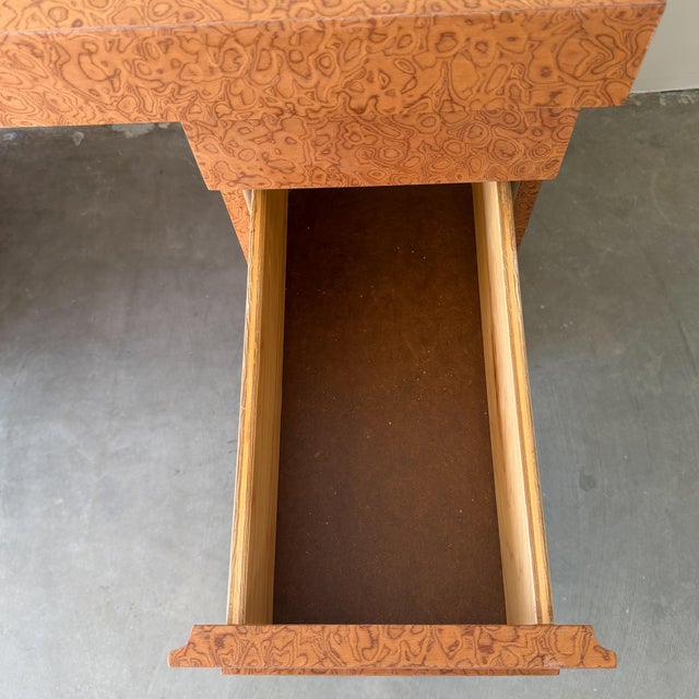 Vintage 80s Deco Postmodern Burlwood Writing Desk For Sale - Image 11 of 14