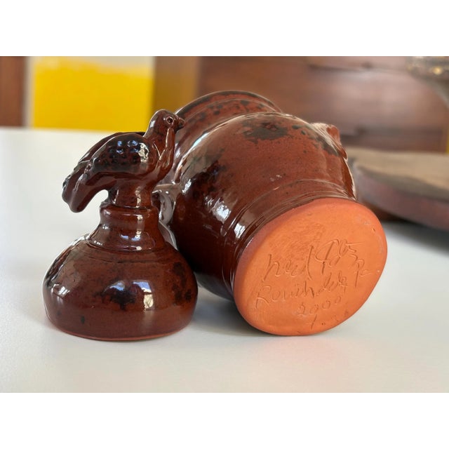 2000 Signed Foltz Redware Mini Lidded Jar With Bird Finial, Sponge Glaze *Repaired For Sale In Baltimore - Image 6 of 6