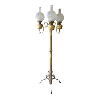 Victorian 3 Font Kerosene Electrified Brass Floor Lamp For Sale