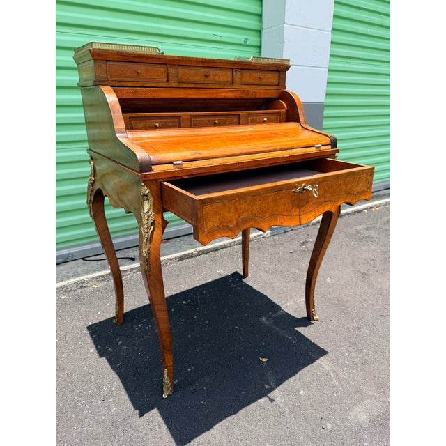 1970s 1970s French Louis XV Style Burl Wood Cylinder Roll Top Writing Desk With Brass Gallery and Ormolu Mounts For Sale - Image 5 of 12