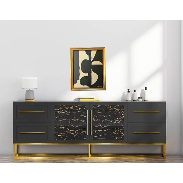 Bryan Boomershine, original abstract Mid-Century Inspired Painting in cream and black with a gold frame. This painting...