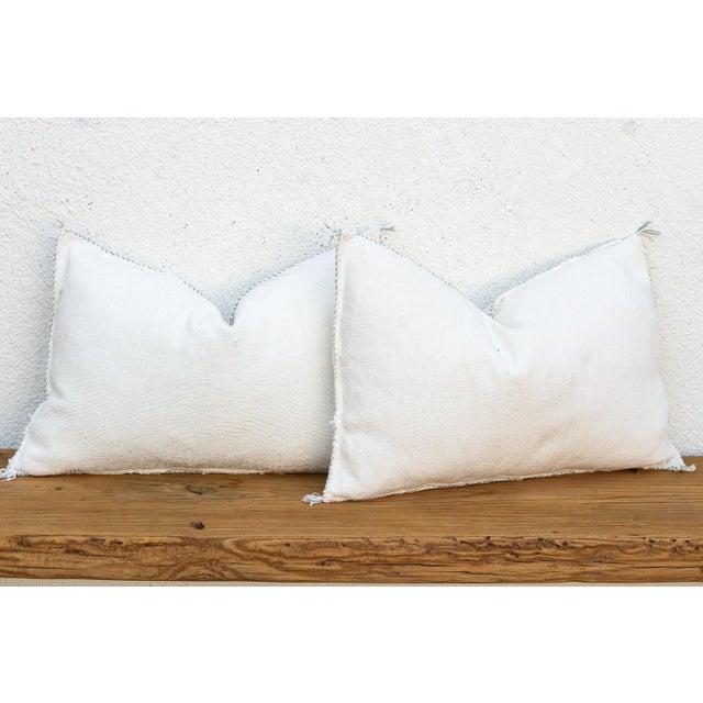 Textile Pair of Frost White Lumbar Moroccan Silk Pillows For Sale - Image 7 of 8