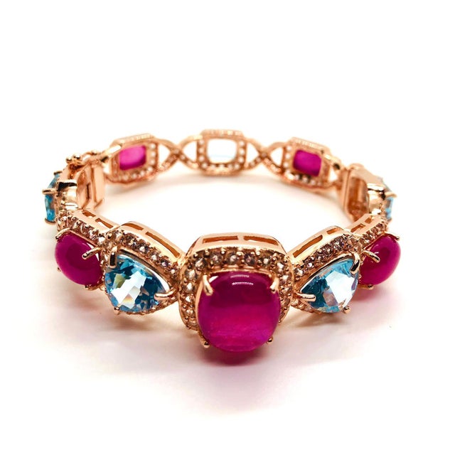Pink Bochic “Capri” Ruby, Sapphire & Multi-Gem Cabochon Vintage Bangle - 18K Gold & S For Sale - Image 8 of 11